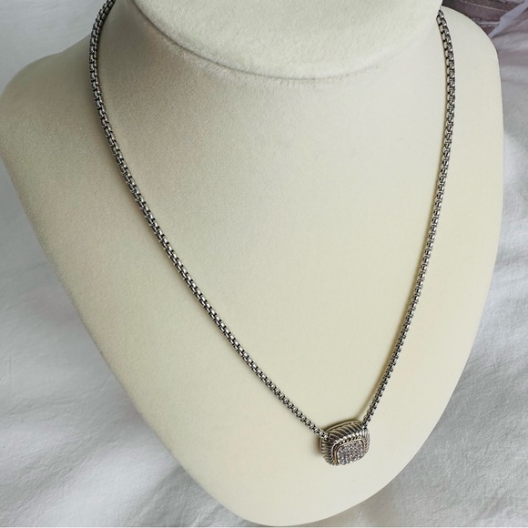 Pave CZ Diamond Pendant Silver Box Chain Necklace - Picture 4 of 11
